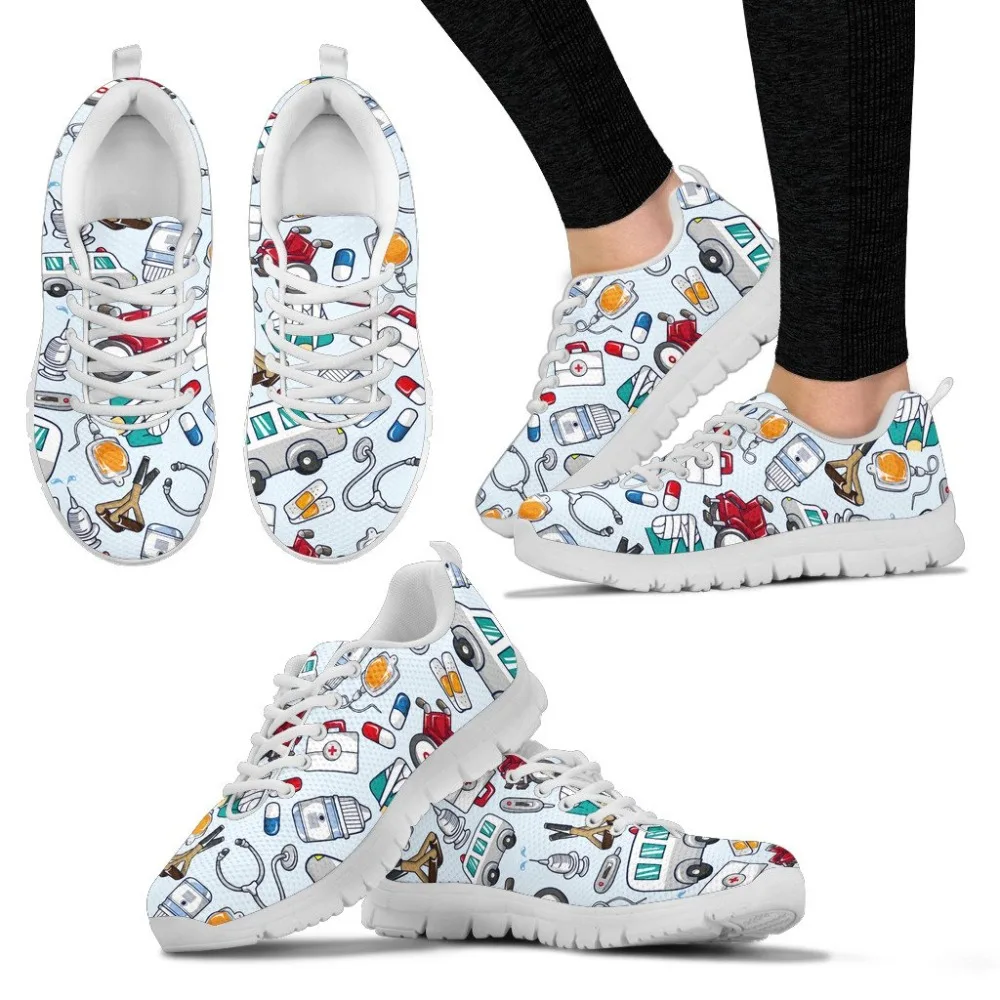 

WHEREISART Cartoon Sketch Nursing Print Flats Shoes Air Mesh Women Casual Lace-up Summer Soft Nurse Sneaker Shoes For Teen Girls