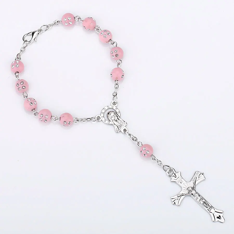 Colorful Beads Catholic Rosary Bracelet Blue Red Color Auto Rosary Car Rosary INRI Cross Mary Charms Lobster Clasp - Окраска металла: 66004620