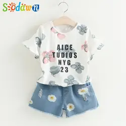 Sodawn для девочек комплекты одежды новая детская одежда 2 шт. футболка с принтом + ковбойские шорты с принтом летняя стильная модная одежда