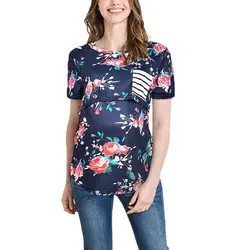 Одежда для беременных летние футболки Повседневная Беременность хлопок Женская Беременность Сращивание в полоску цветочный принт