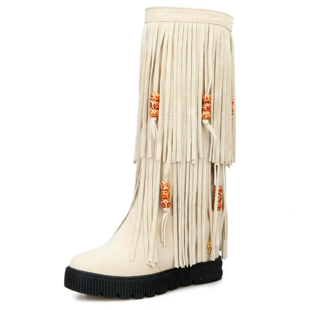 Lsewilly/женские ботинки до середины икры с бахромой Бисер круглый носок, флок, визуально увеличивающие рост; Для женщин сапоги Для женщин слипоны размеры 34–44 A004