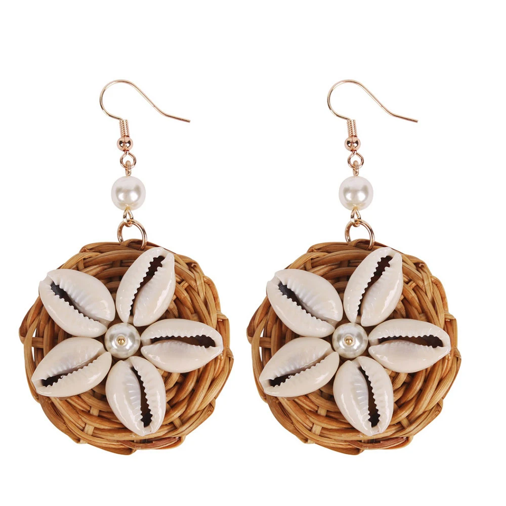 

Bohemia Wicker Rattan Earrings For Women Handmade Conch Shell Floral Earring Woven Pearl Earrings Beach Shell Jewelry
