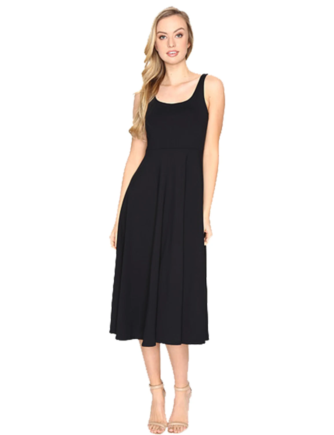 Blooming Jelly Black Sleeveless O Neck Dress Drapped Solid Swing Mid ...