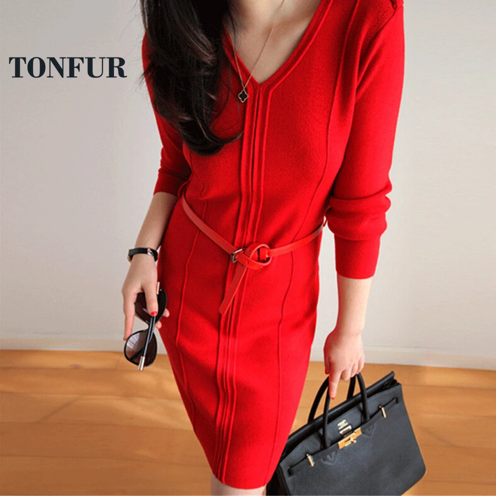 

TONFUR Brand Fashion Design True Cashmere Blend Long Knee Length Dress Women Trend Knee Length Dress with belt FP718