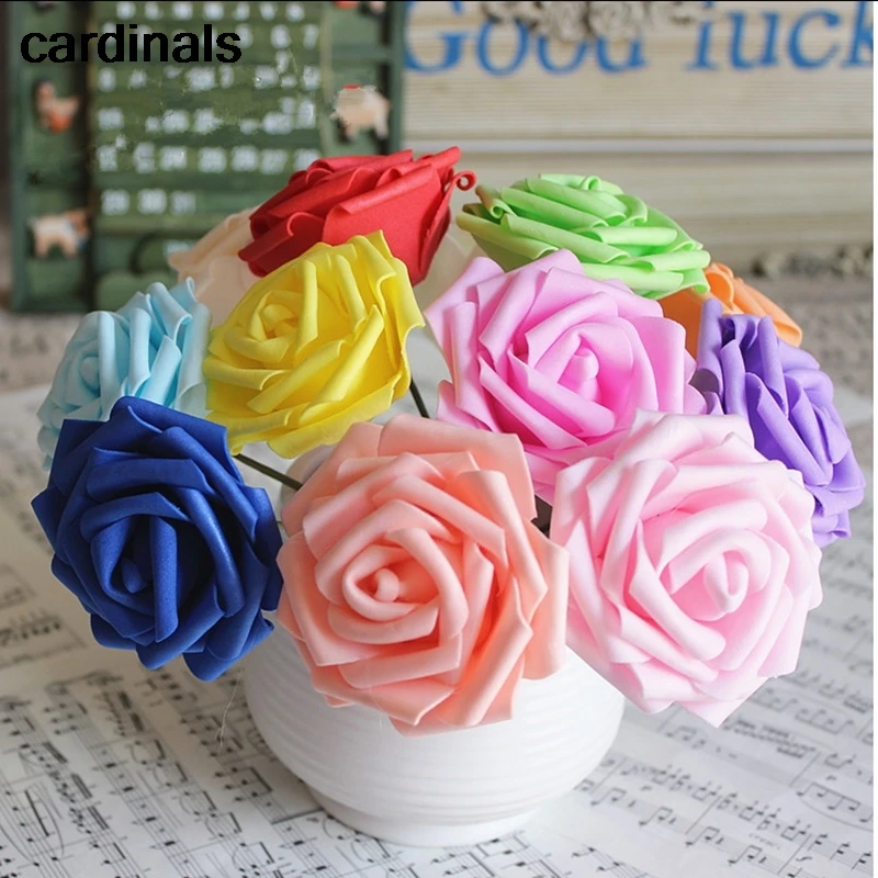 

50pcs 16colors Mini PE Rose With Stems Head Foam Artificial Flowers Scrapbooking Headmade DIY Kiss Ball Wedding Party Decoration