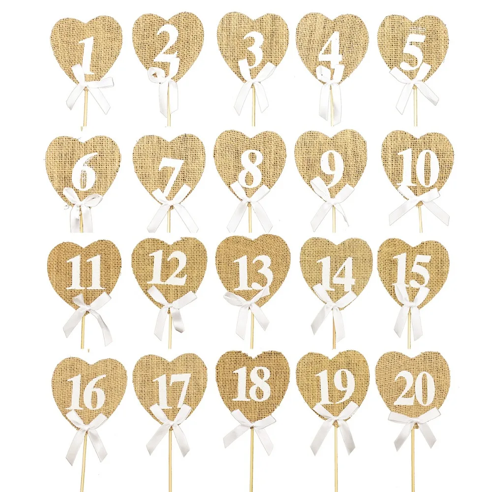 

Vintage Wedding Table Numbers 1-20 Rustic Burlap Hearts Shape Table Decoration for Party