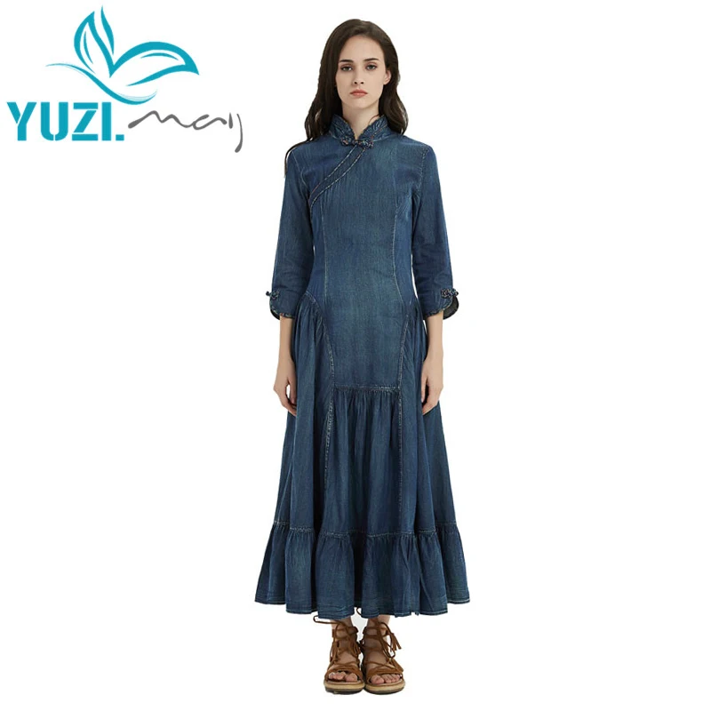 

Женское джинсовое платье Yuzi.may в стиле бохо, новое осеннее винтажное платье с воротником-стойкой, Элегантное Длинное Платье-трапеция, A5231, 2018