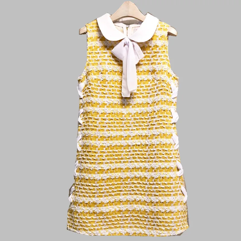 

New Designer High quality Runway 2019 Winter European Tweed sleeveless Tyellow Dress vestidos