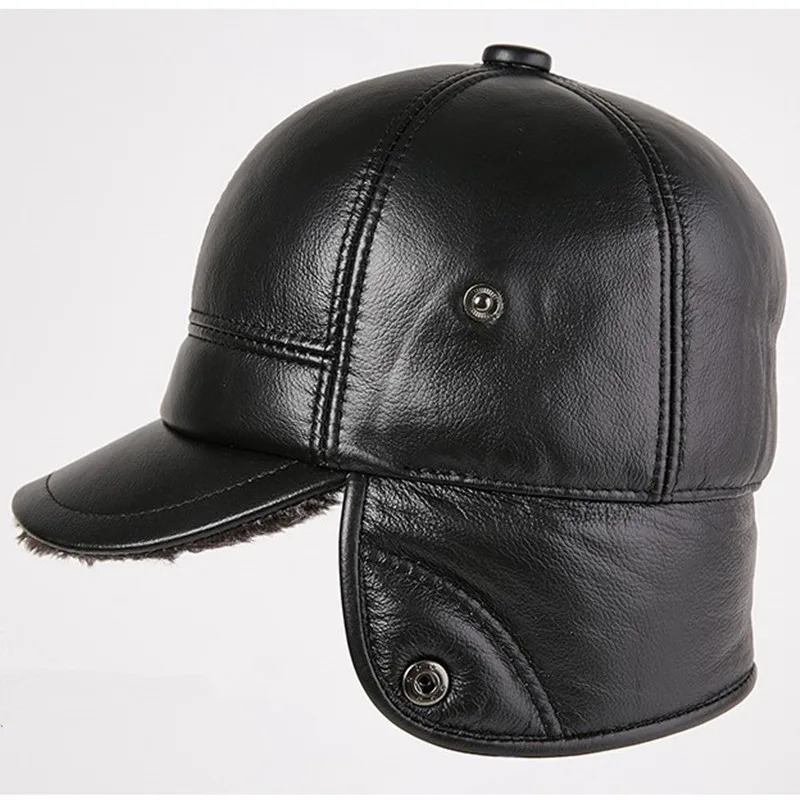 Kaufen SILOQIN Echtem Leder Hut Plus Samt Verdicken Rindsleder Baseball Caps Für Männer Hysterese männer Kappe Winter Warme Ohrenschützer Dad hüte