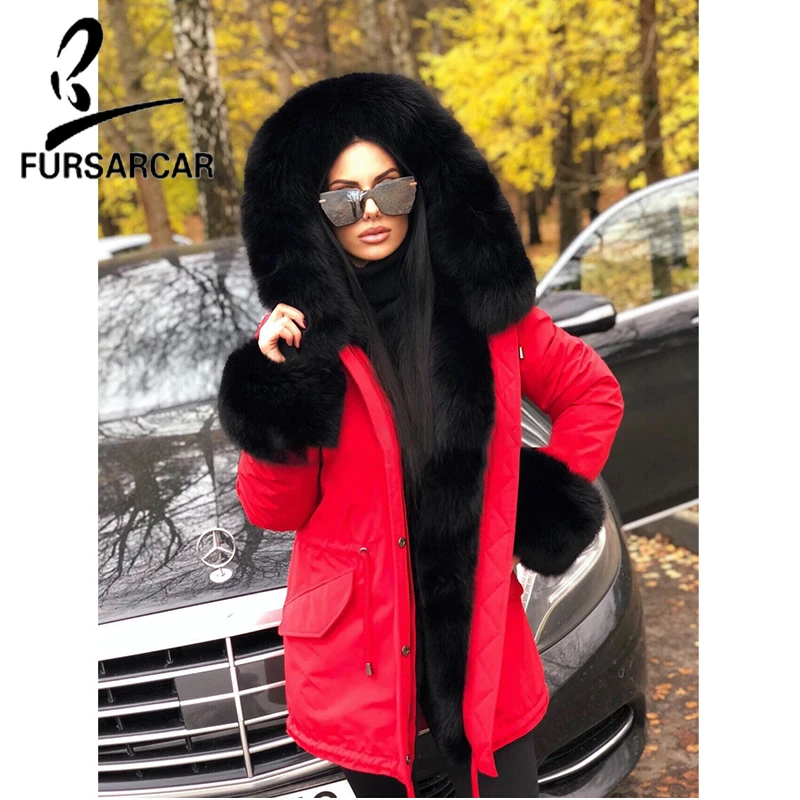 Меховая куртка FURSARCAR красная с воротником и капюшоном из натурального Лисьего