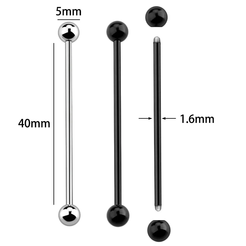 2PCS Fashion Titanium Steel Industrial Cartilage Earrings 40cm Long Barbell Ear Plugs Silver Black 1.6mm Body Piercing Jewelry1