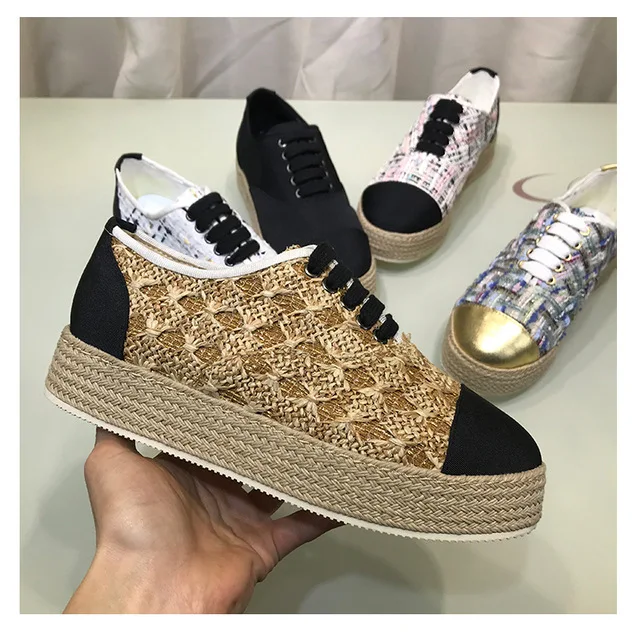 

Patchwork Women Sneakers Luxury Grid Cloth Casual Shoes Thick Heel Straw Fisherman Shoes Lace-up Platform Woman Flat Shoes