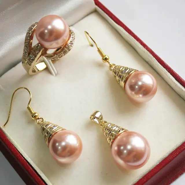 

beautiful new jewelry pink 18KGP + 12mm shell pearl pendant, earring, , ring set