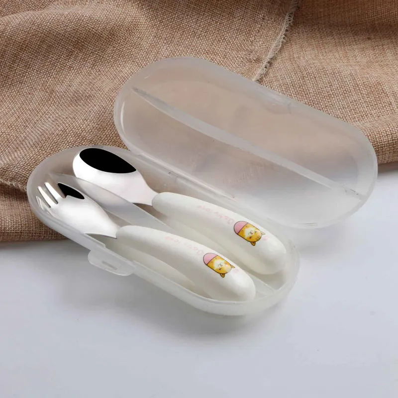 

2pcs/set Cartoon Stainless Steel Cutlery Spoon Fork Dinnerware Set with Case Dinner Kit for Outdoor Travel Kid Tableware A