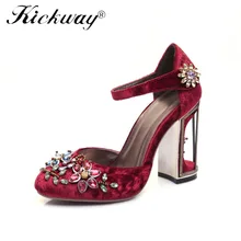 Kickway/Большие размеры 34-41; свадебные туфли с ремешком на щиколотке и пряжкой в этническом стиле; женские туфли-лодочки из натуральной кожи на каблуке с птичьей клеткой и цветком