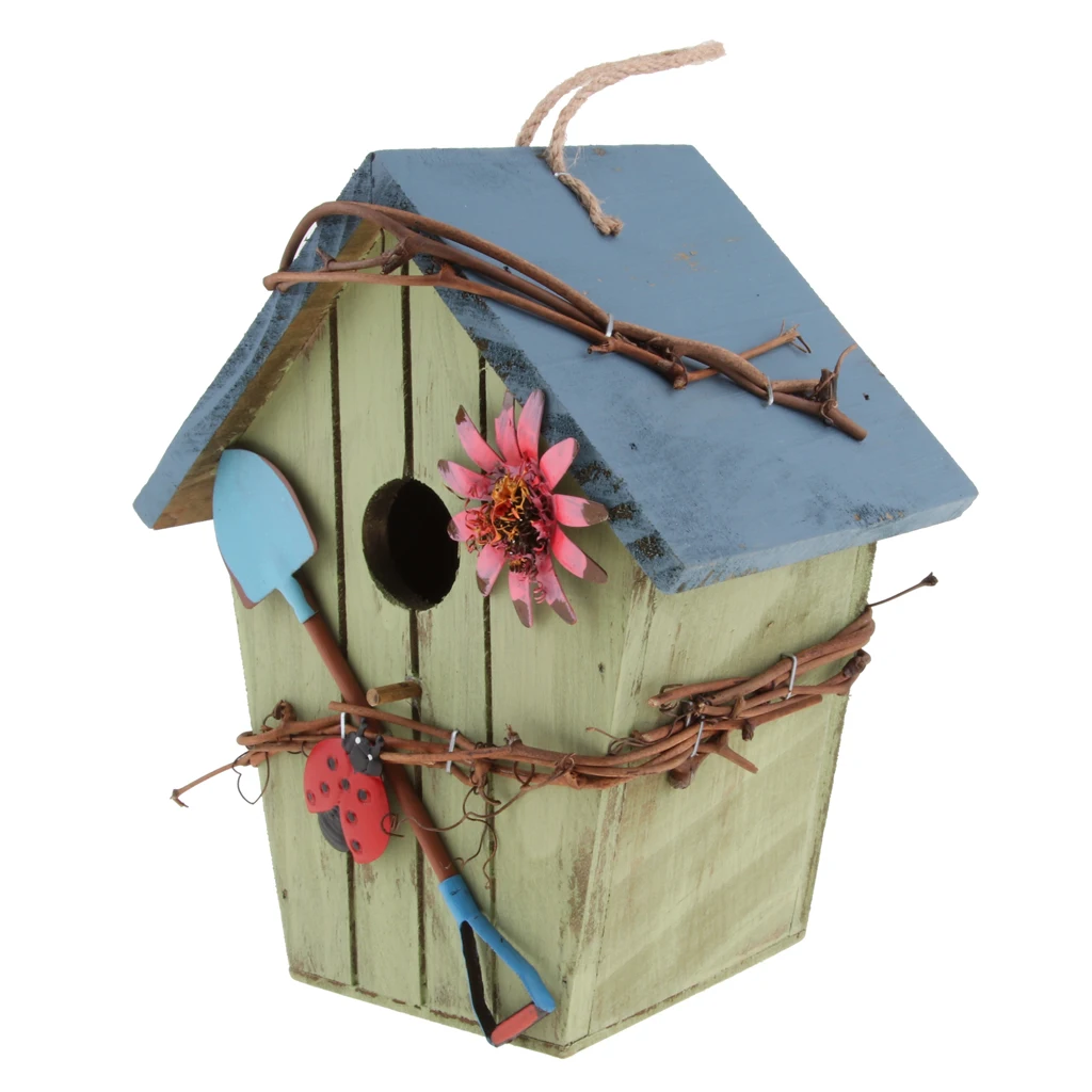 

2pcs Vintage Hand-painted Wooden Birdhouse with Jute Cord for Home Outdoor Garden Decoration