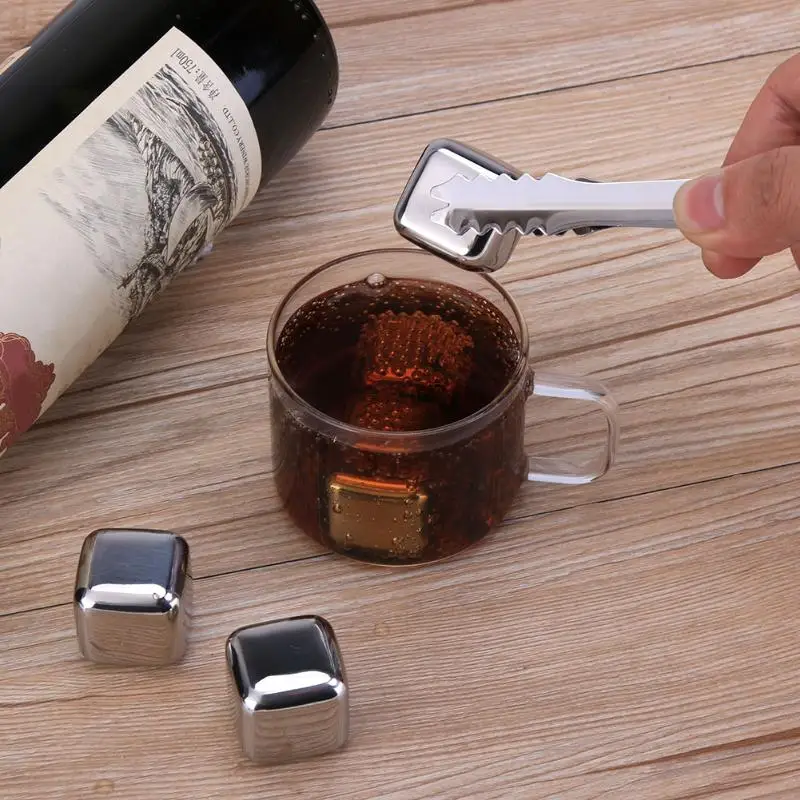 Buy 6pcs/set Stainless Steel Ice Mold Cooler Whiskey Wine Ice Chiller Stone Bar