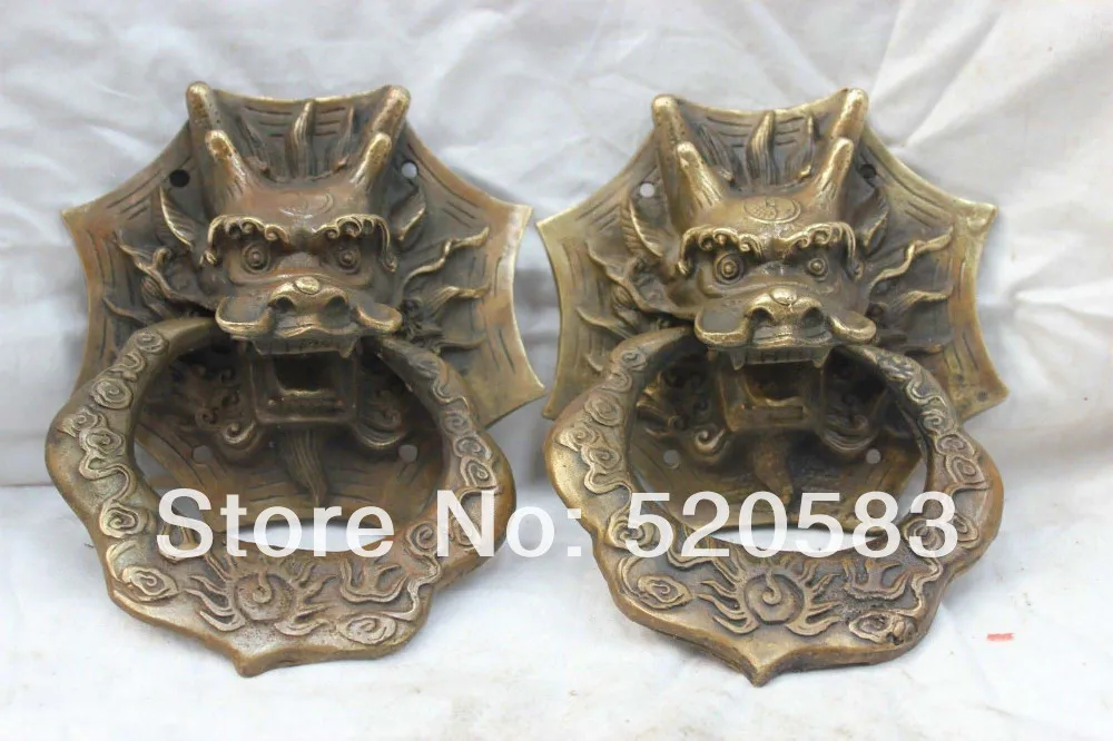 

4.8" China Chinese Copper Bronze Dragon Head Fengshui Door Knocker Statue Pair