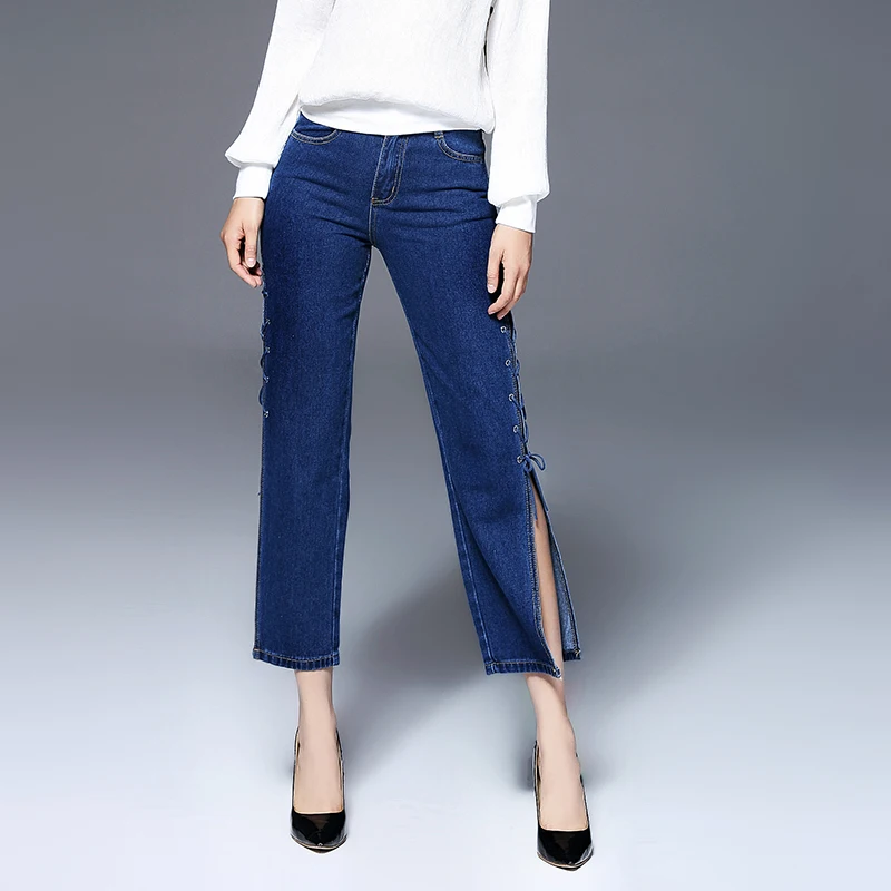 New Fashion Women Jeans Ankle Length Jean with Bandages Sweet Ladies Casual Relaxed Fit Denim