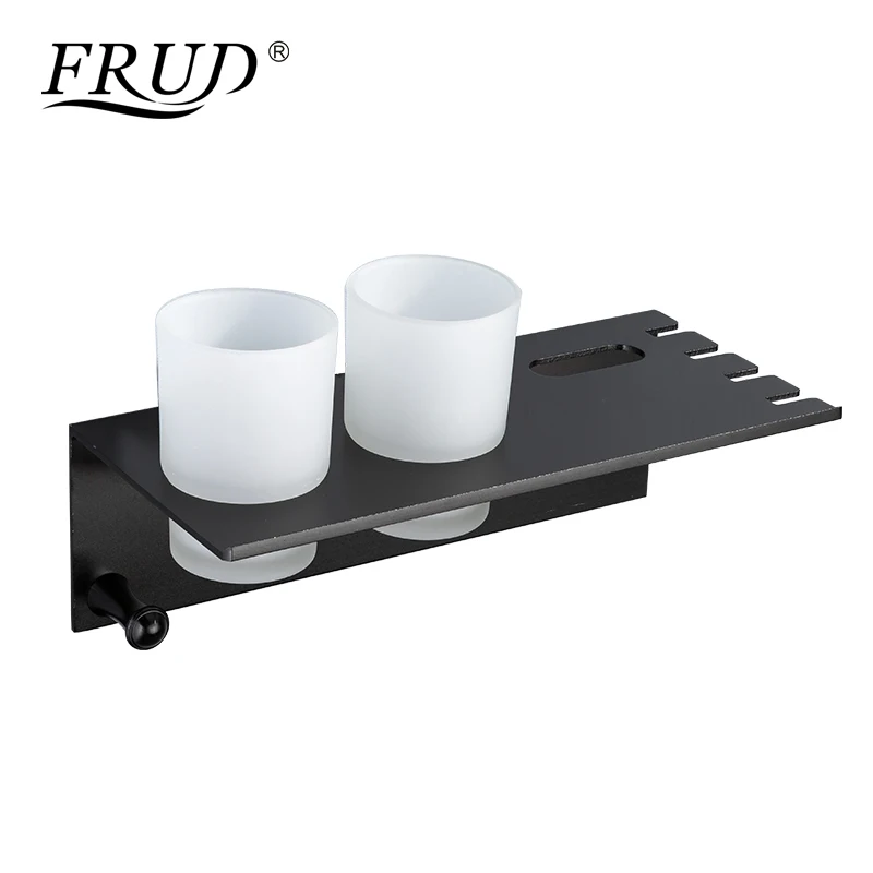 

Frud Modern Space Aluminum Cup Holder With Hook Shelf Couple Toothbrush Holder Bathroom Storage Multifunction Storage RackY18076