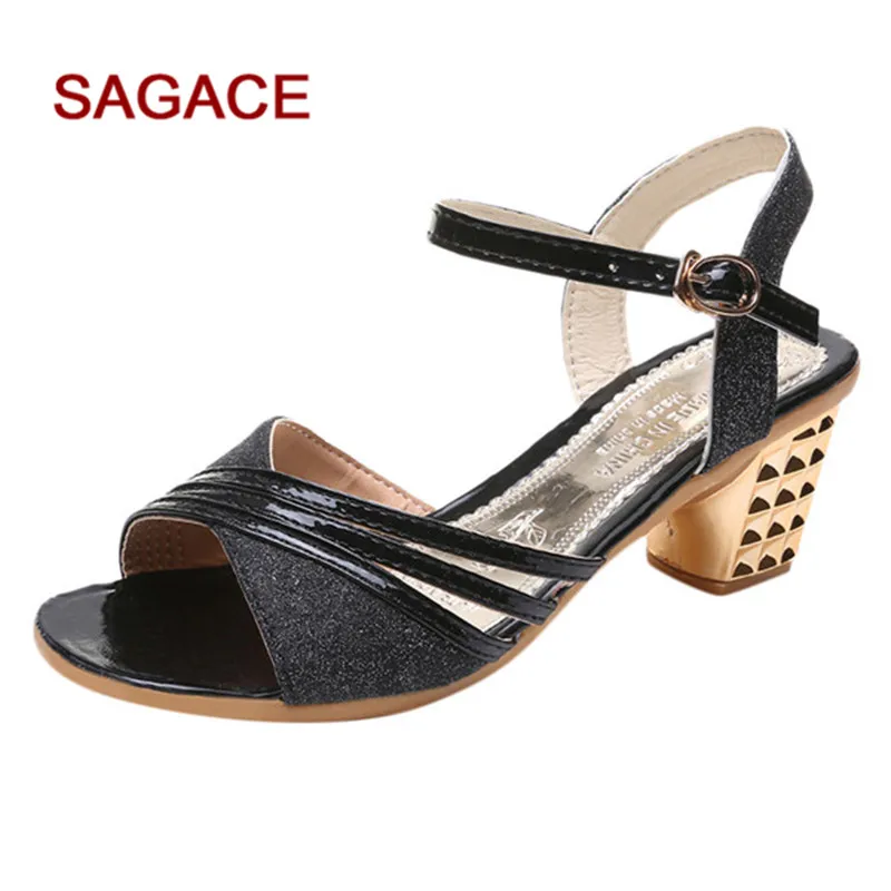 

Women Rhinestone Sandals 2019 Fashion Buckle Strap Sandals Shoes Sexy Square Heel Sandals Summer Classics Women Sandalia