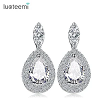 LUOTEEMI последние капли воды CZ длинные модные свисающие серьги женские настоящие Роскошные топы Модные свадебные украшения