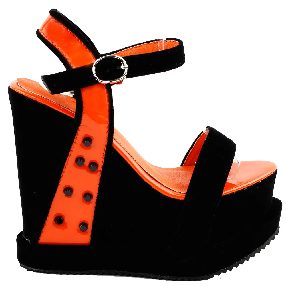 

LF38827 Punk Black Orange Stud Open Toe Strappy Wedge Platform High Heels Sandals