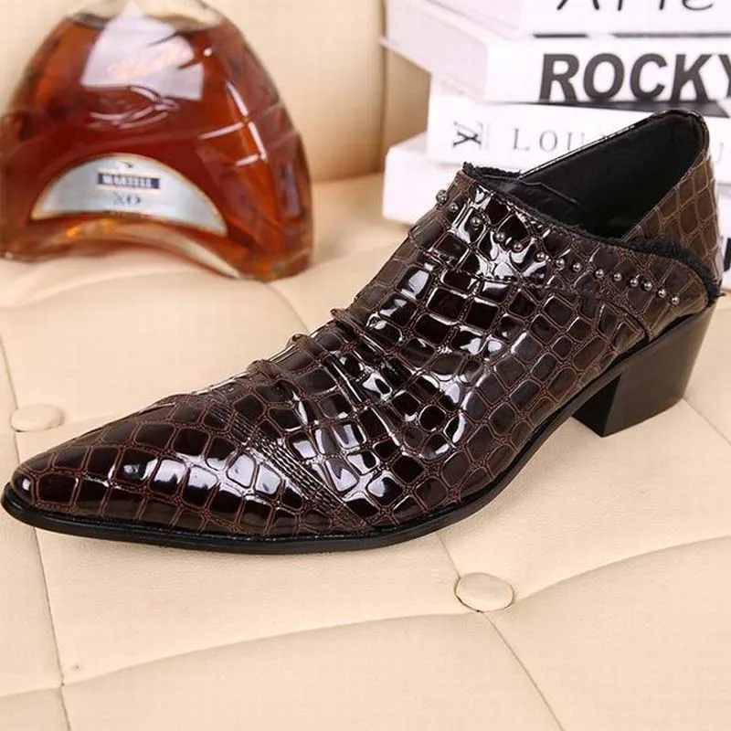 Crocodile pattern Oxfords Men Pointed Toe Dress Shoes Brown Patent