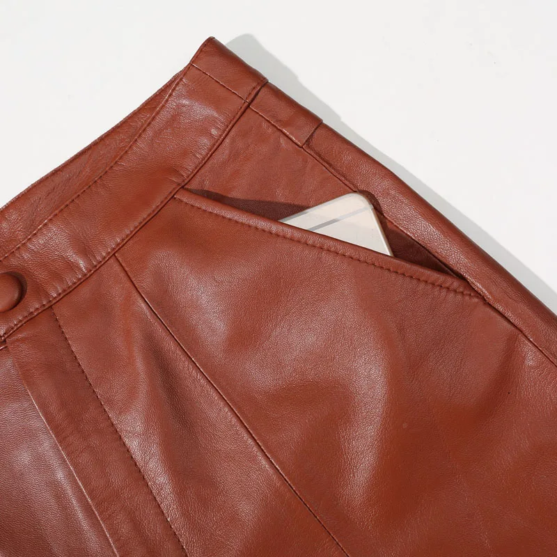 2018 Pantalon Confortable Taille De Femmes Large Mode En Classique Brown Streetwear Style Brun Coréen Haute Véritable Cuir Dames rrwq4d7x