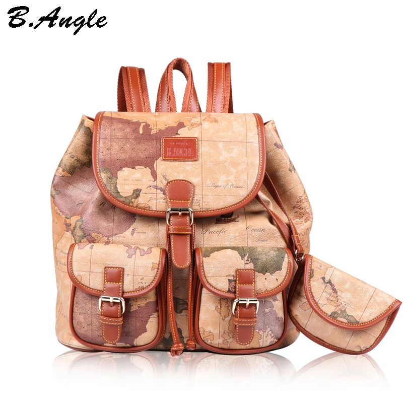 

Fashion vintage high quality world map backpack women backpack leather backpack printing backpack