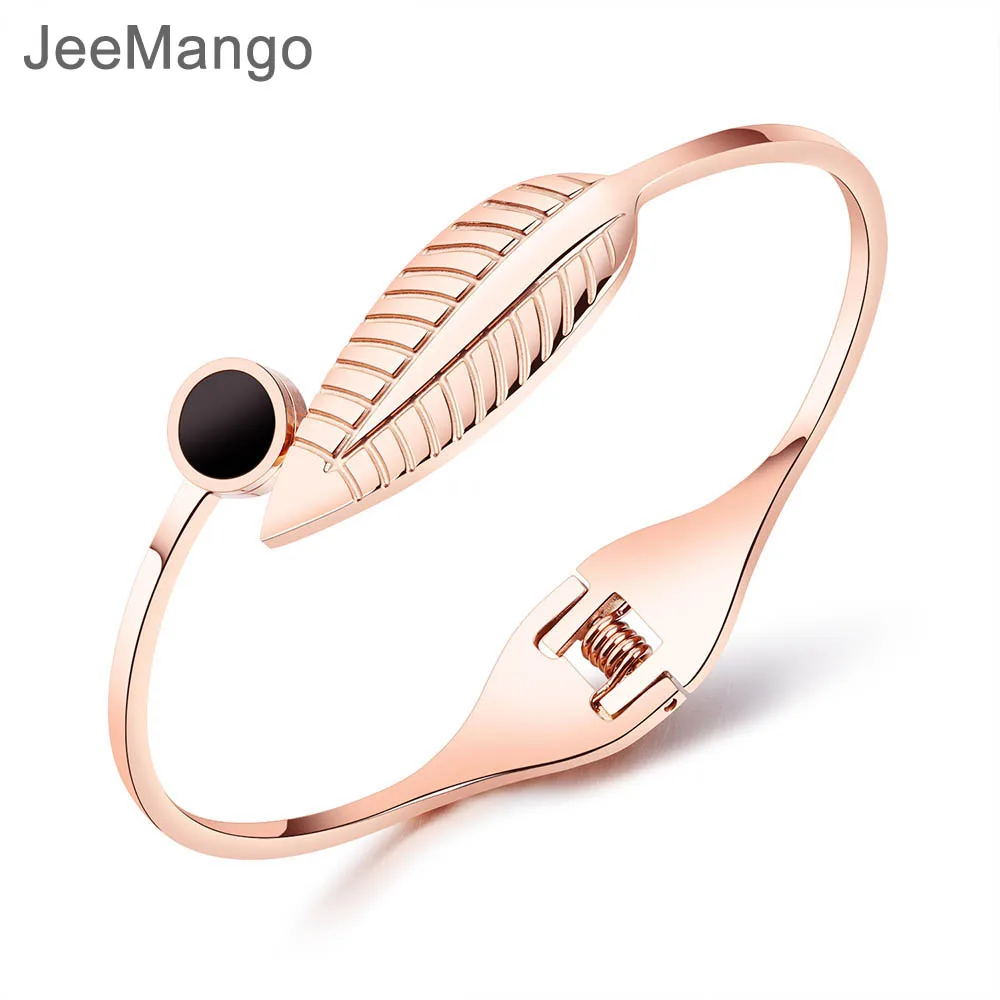 

JeeMango Classic Stainless Steel Acrylic Bangles Bracelets Fashion Rose Gold Color Leaf Design Bangle Jewelry For Women OGH897