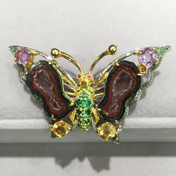 شراءقلادة بروش على شكل فراشة فريدة للجنسين تستخدم بشكل مزدوج بروش كريستال عقيق طبيعي من الفضة الإسترليني عيار 925 مع سيترين الجمشت