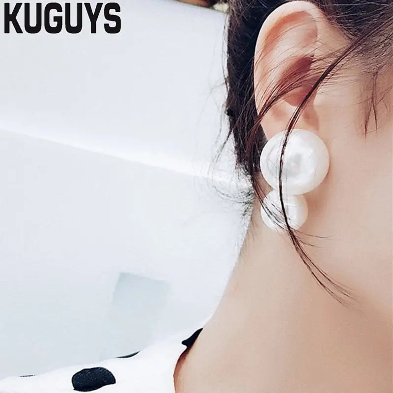 KUGUYS белый жемчуг серьги для женщин Мода ювелирные изделия Винтаж двойной жемчужина большой Стад серьги вечерние свадебные аксессуары