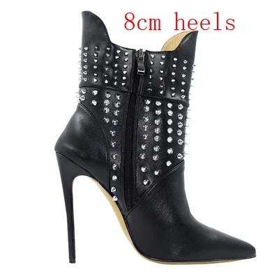 Большие размеры 35-45; теплые женские ботильоны; пикантные Роскошные Брендовые женские ботинки с серебристыми шипами и заклепками новейшего дизайна - Цвет: Black  8cm