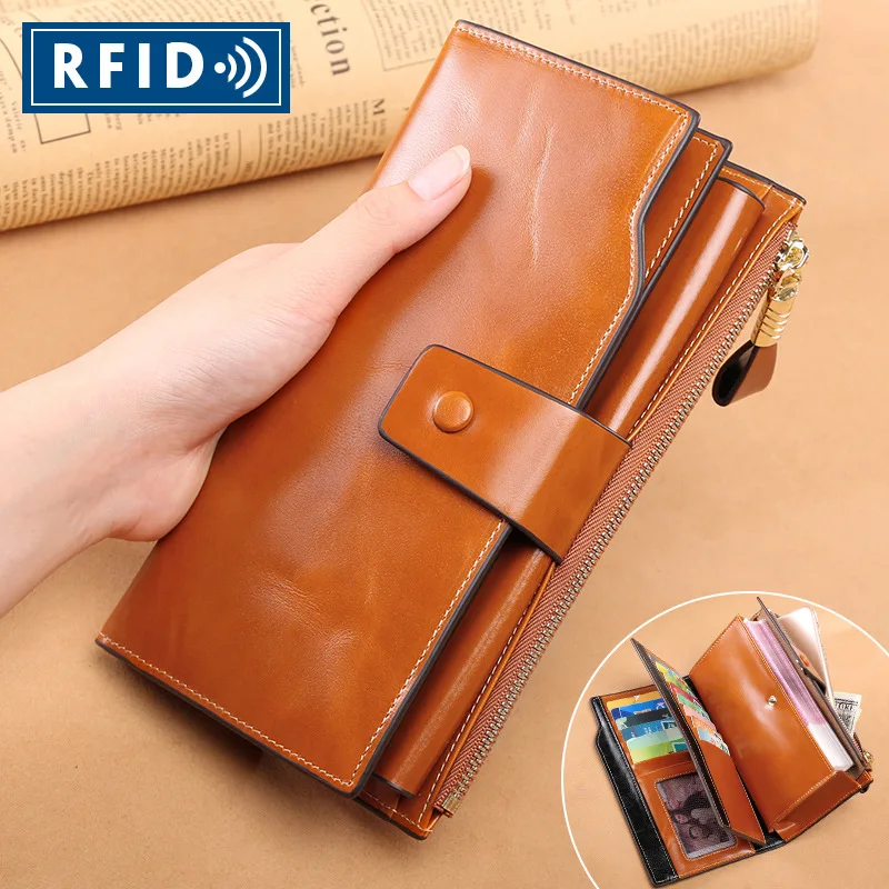 

Women's RFID Blocking Large Capacity Luxury Wax Genuine Leather Clutch Wallet Card Holder Organizer Ladies Purse