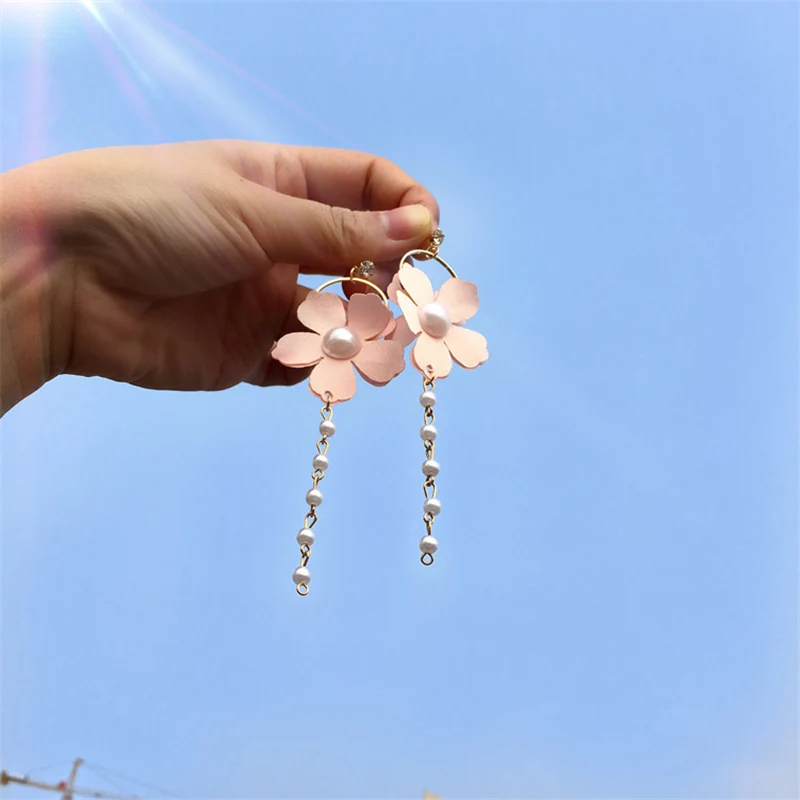 2018 New Fashion Circle Simulation Pearl Pink Flower Brincos Oorbellen Long Statement Beaded Tassel Drop Earrings Women Jewelry