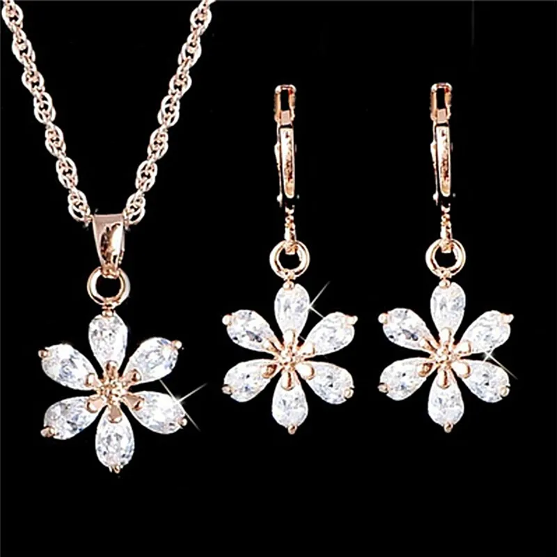 

2018 New Crystal Flower Pendant Necklace Earrings Jewelry Sets For Women Fashion Silver Color Chain Party Wedding Supplies