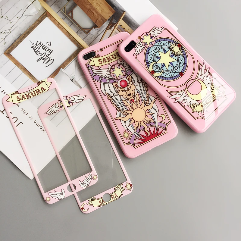 

For iPhone X pink case + front tempered glass for iPhone 8 plus/6 6s plus cartoon Sakura case for iphone 7 plus + strap