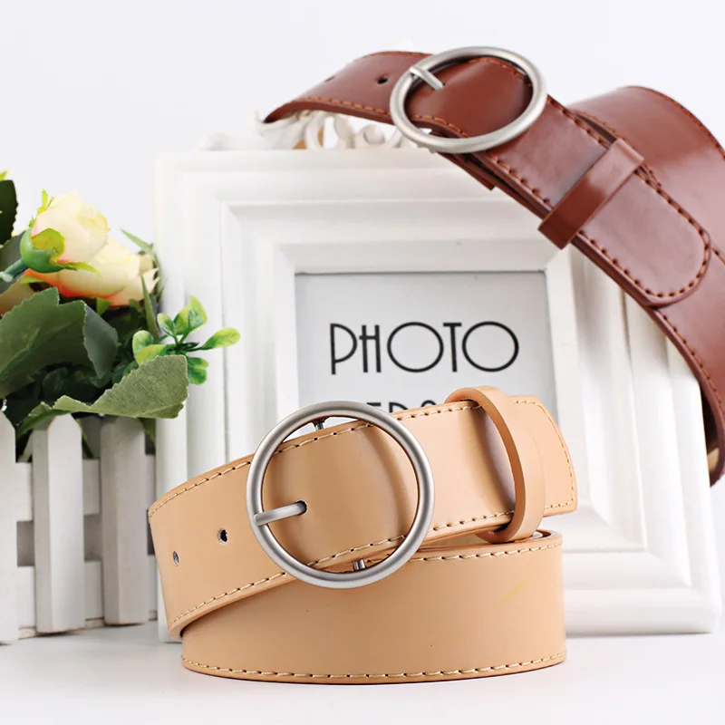 

New Fashionable For Women Ring Leather Belts Women Round Buckle Wide Belts Silver Buckle For Women Lady Belts Decorated Jeans