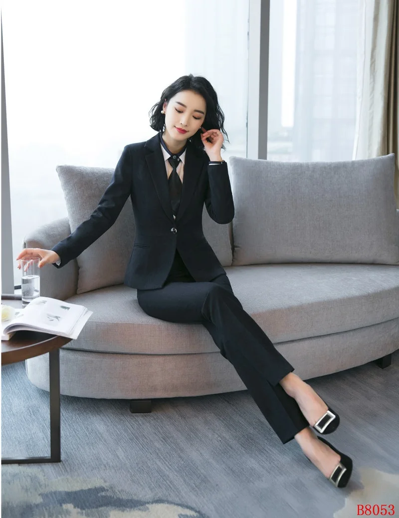 Высокое качество ткани дамы Блейзер Для женщин Бизнес костюмы формальные офисные костюмы Повседневная обувь брюки и пиджак комплект плюс