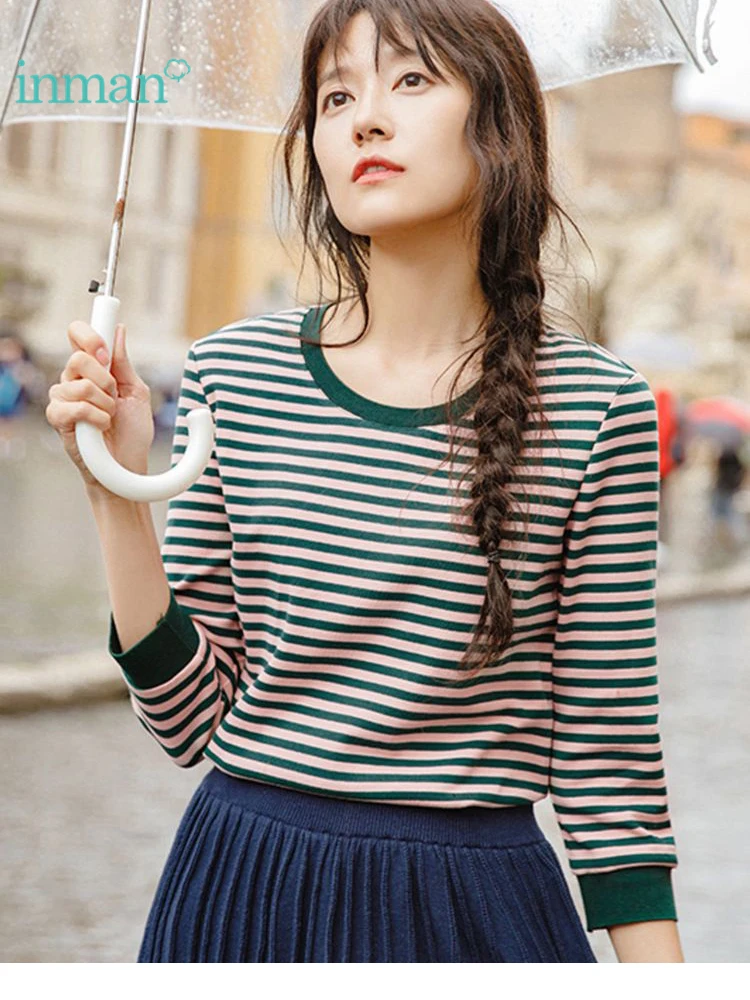 

INMAN 2019 Round Collar Artistic All Matched Stripped Women Three Quarter Sleeve T Shirt