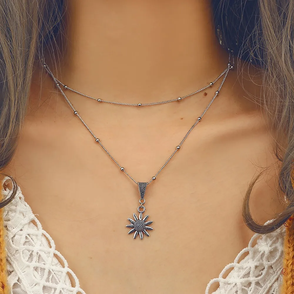 

Fashion Geometric multilayer triangle sunflower flower pendant necklace little daisy collarbone Neckaces For Women Gift Delicate