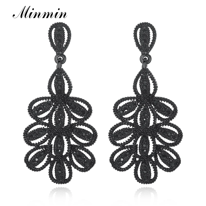 

Minmin Vintage Flower Long Hanging Earrings Crystal Black Gun Color 2019 Fashion Jewelry for Women Christmas Gifts MEH907