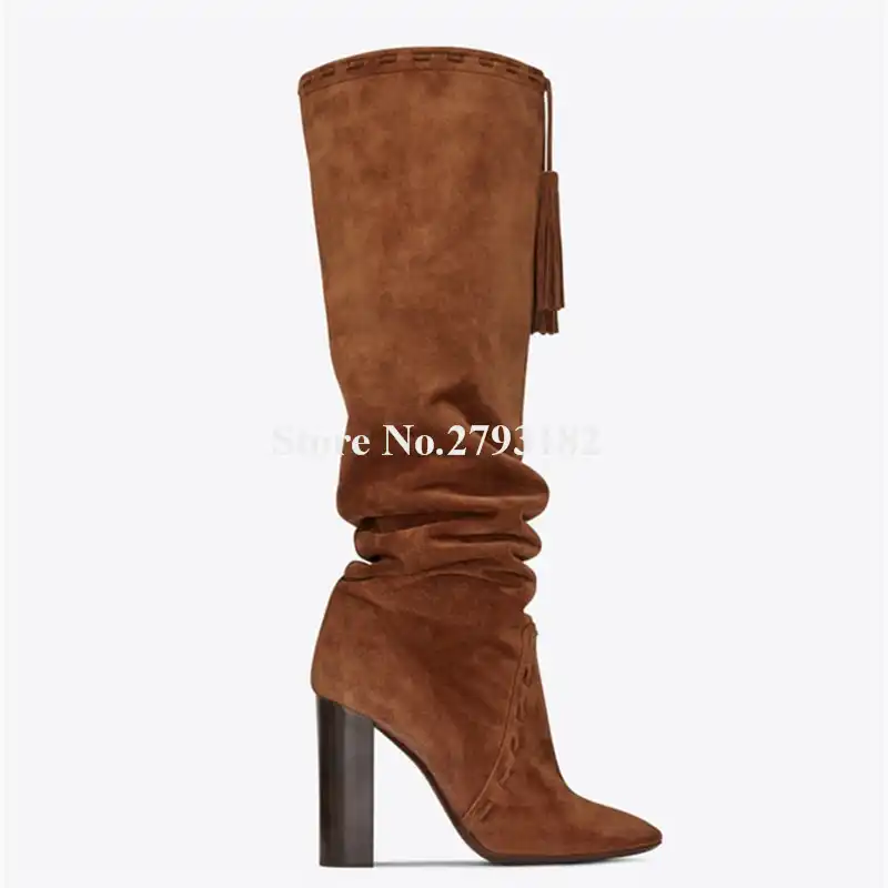 black suede knee high block heel boots