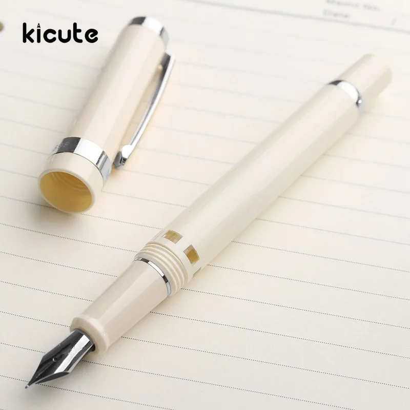

Kicute Hot Sale White And Silver Piston Fine Nib 0.5mm Fountain Pen Set With Gift Box Bussiness School Supplies
