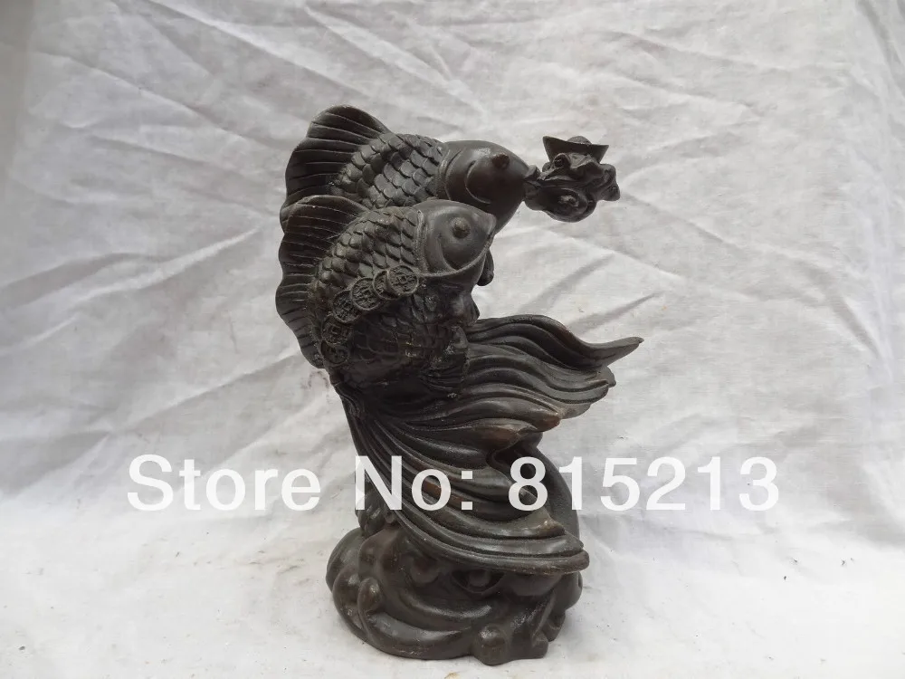 

bi00657 8" China Bronze Sculpture YuanBao Coin 2 Wealth JiXiang Fish Statue