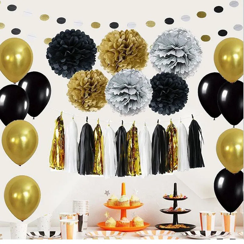 

46pcs Black Gold Latex Balloons Paper Flowers Poms Poms Tissue Tassel Garland Paper DIY for Birthday Wedding Party Decorations