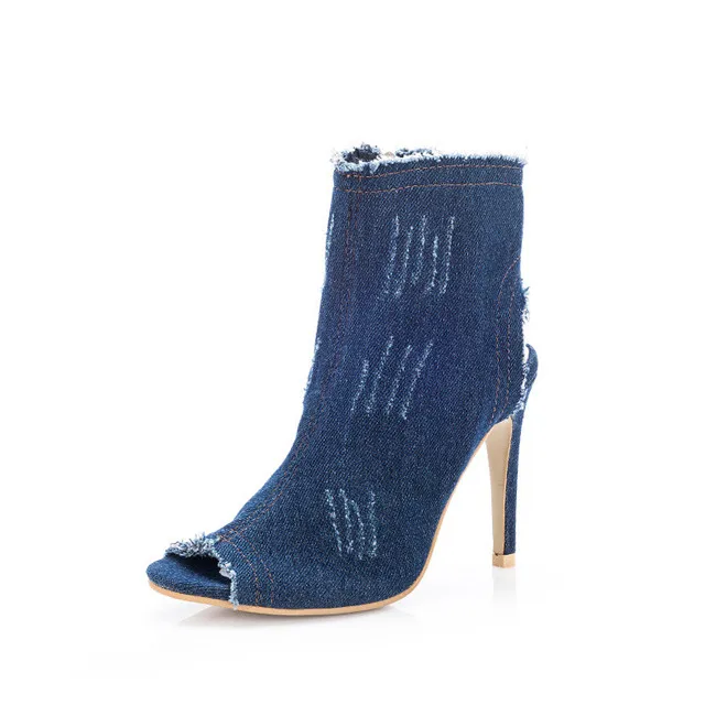 Женские босоножки на очень высоком каблуке 10 см; джинсовые туфли на шпильке; Летняя женская обувь на молнии; Sandalias - Цвет: dark blue