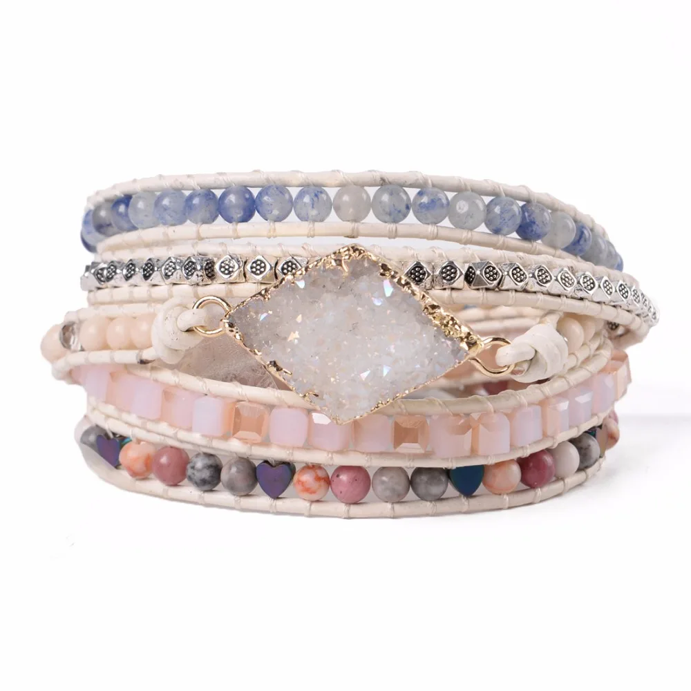 Leather Bracelets Mixed Natural Stones Quartz Druzy Charm 5 Strands