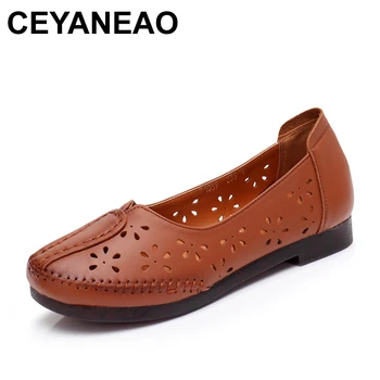 

CEYANEAO Summer Genuine Leather Breathable Flat Shoes Woman Fashion Fretwork Handmade Women shoes Soft Mom's shoes sandals